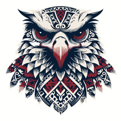 Intricate avian head with bold colors and tribal patterns