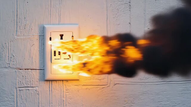 white plastic electrical outlet with multiple USB ports is engulfed in intense flames