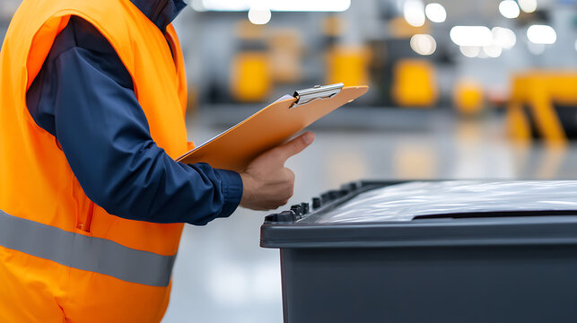 Worker with checklist inspecting waste bin, ensuring proper disposal practices are followed. Focused on safety and compliance within the facility.