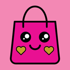 Kawaii shopping bag vector illustration happy face hearts cute scalable graphic isolated on white background