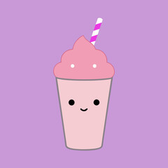 Cute smiling pink strawberry milkshake vector illustration with straw isolated on white background