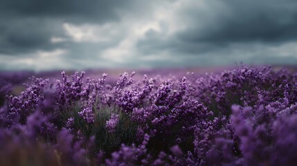 Fototapeta premium A picturesque field of vibrant purple lavender stretches towards a dramatic overcast sky evoking a sense of natural beauty and tranquility