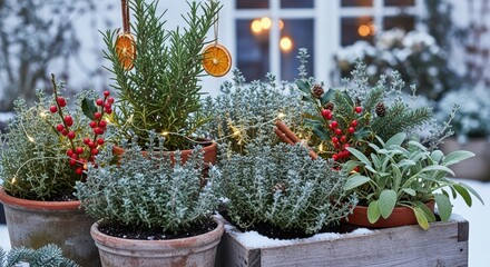 Winter garden with herbs and decorations in snow