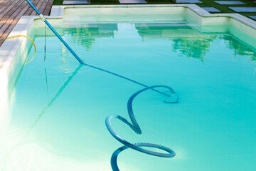 Vacuum hose submerged in the swimming pool for cleaning