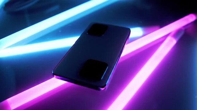A smartphone rests amidst vibrant neon lights, creating a futuristic ambiance