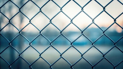 Fototapeta premium Closeup of chainlink fence with blurred of field and sky
