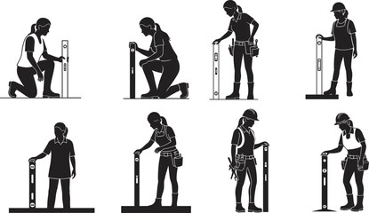 Black and white spirit level illustration, diverse individuals, alignment check, construction posture, tool usage, vertical measurement, home improvement, cartoon workers, precision task