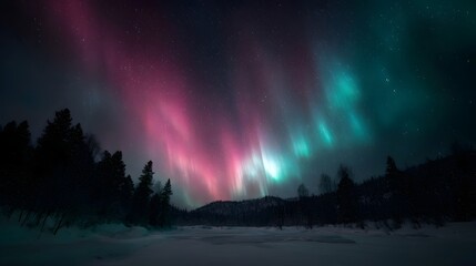 Vibrant pink and teal aurora borealis glows over a dark snowy winter wilderness landscape under a star filled night sky