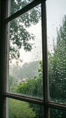 Naklejka premium Raindrops window pane looking out at lush green garden cloudy day