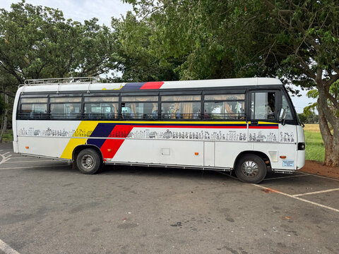 Anuradhapura, Sri Lanka - July 26, 2025: TATA Marcopolo touring car by the side of the road.