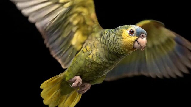 Colorful parrot in flight against black background for versatile usage