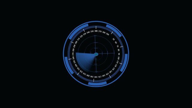 Blue radar screen animation rotating target detection tracking system 4k seamless. Animated blue radar screen rotating target acquisition hud interface sci fi 4k loop.