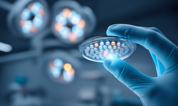 Close-up of medical device held in sterile blue-glow hand with blurred surgical lights background