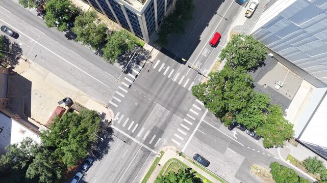 Cars, trucks and trailer movement in downtown Austin, Texas. A true representation of a typical day in the capital's urban core. Aerial drone 4k view
