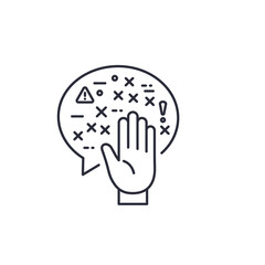 Hand gesture blocking a speech bubble of confusing symbols.