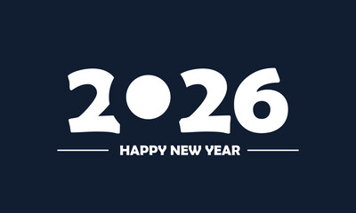Minimalist dark background with bold white typography showing “2026 Happy New Year.” Clean and modern festive design perfect for greeting cards, digital banners, or holiday celebration visuals.