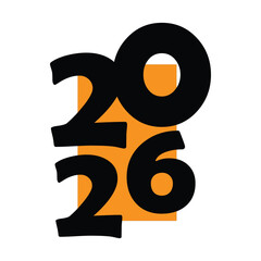 Modern minimalist typography featuring bold black numbers “2026” over an orange rectangle on a white background. Ideal for contemporary posters, calendars, invitations, or digital graphic projects.