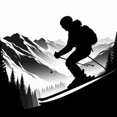 silhouette of a man on a mountain, silhouette of a man standing on a mountain, silhouette of a man standing on a mountain top, skiing in the mountains, skier on a snowboard, skiing on the mountain, sk