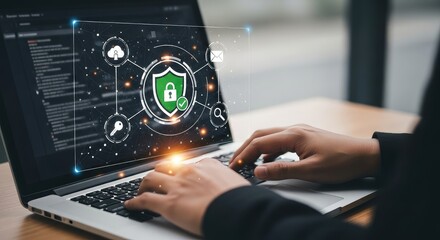 Cybersecurity concept with shield icon and padlock laptop screen, symbolizing data protection and online security
