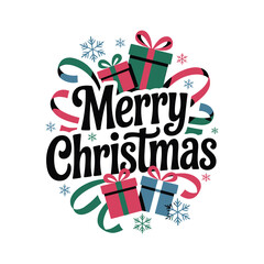 Festive merry christmas typography design with gifts and snowflakes for apparel