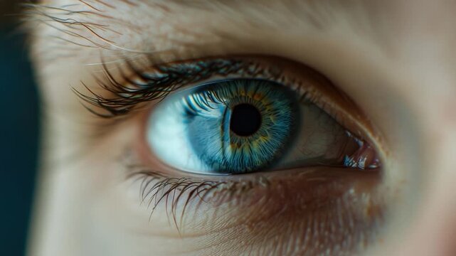 A detailed view of a single blue eye with eyelashes and eyebrow