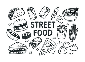 Street food doodles: burgers, tacos, pizza, fries, dumplings, and more