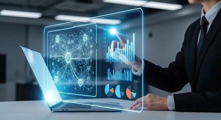 Businesswoman interacting with futuristic holographic interface displaying data analytics and charts