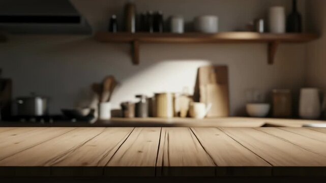 Blurred kitchen interior with a wooden table in the foreground