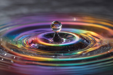 A single water droplet is suspended mid-air above the surface, creating a perfect column and vibrant ripples reflecting warm orange and purple light.
