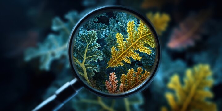 Vibrant microscopic view of colorful biological structures through a magnifying lens
