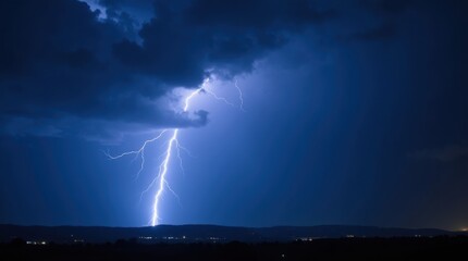 Intense blue lightning strike illuminating dark stormy clouds over a distant landscape