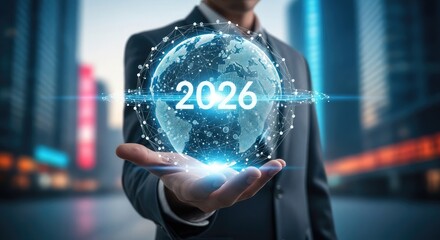 Businessman holding glowing digital globe with the year 2026 in futuristic city