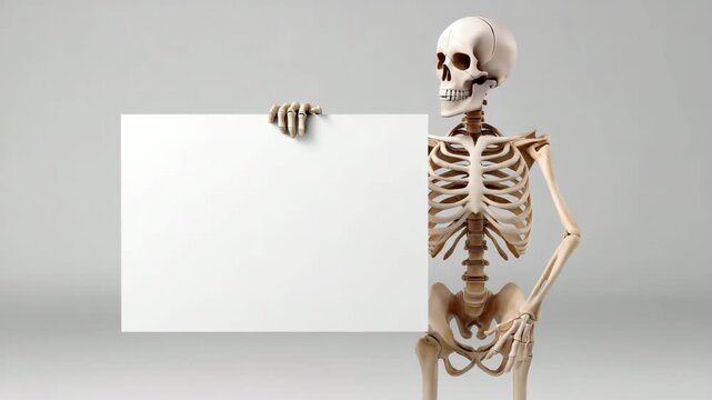 Animated skeleton holding blank sign for creative concepts and messaging
