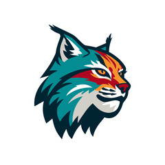 Vibrant wild cat head vector illustration in modern style. Stylized lynx or bobcat face with teal, orange, and red accents, perfect for mascot or logo design.