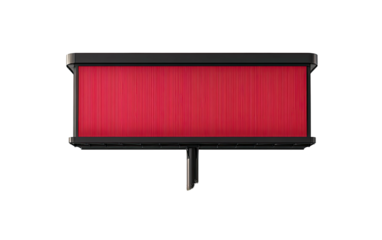 Red panel structure, vertical slats, black frame, centered on a stand