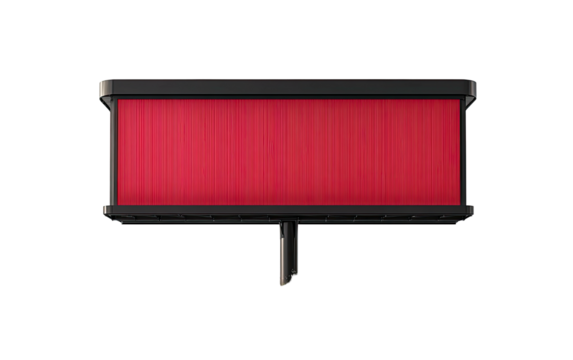 Red panel structure, vertical slats, black frame, centered on a stand