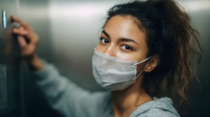 Young woman in protective mask operates elevator button prioritizing health and safety