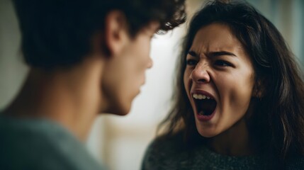 A young woman s face contorted in anger as she screams at a man during a domestic dispute