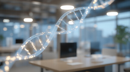 Immersive lab filled with holographic genetic code floating above desks while autonomous systems run DNA sequencing, symbolizing futuristic biotechnology research, healthcare innovation, and