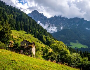 A hillside scene featuring a grassy meadow, a ruined stone building, and dense evergreen trees against a backdrop of jagged, misty mountain peaks