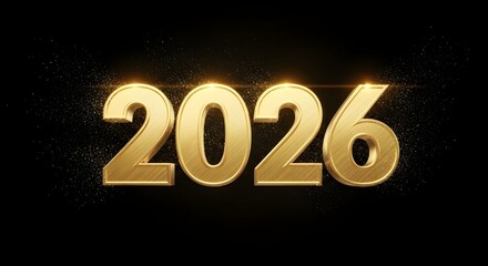 Elegant golden number 2026 with sparkling glitter on a black background for a festive New Year