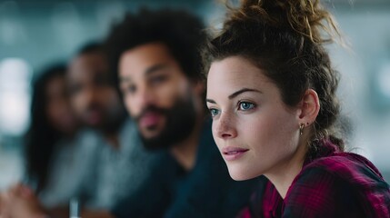 A diverse group of professionals in a focused business meeting collaborating on ideas in a modern office setting