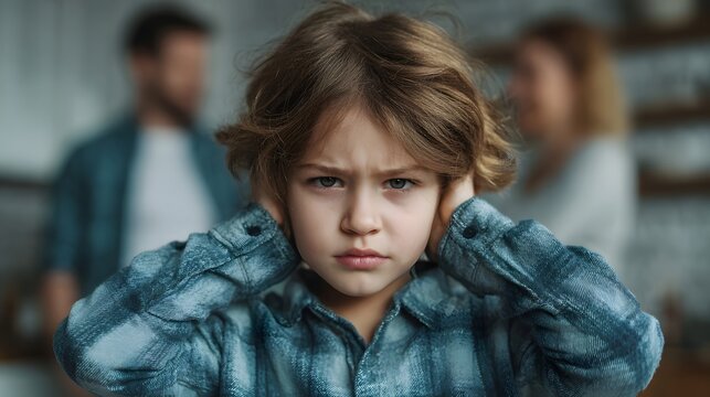 A child covers their ears looking distressed as unseen parental conflict unfolds in the background