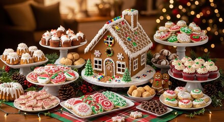 Christmas holiday gingerbread house and cookies dessert buffet