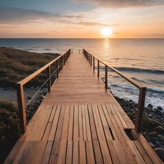 wooden deck on the shore leading to the sea at sunset
