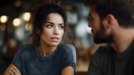 A couple experiencing tension during a serious conversation in a dimly lit cafe