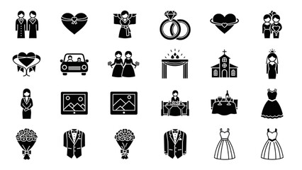 Collection of essential wedding celebration icons, symbolizing love, commitment, and memorable marital ceremonies