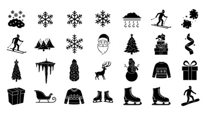 Winter Holiday Season Icon Set Snowflakes, Santa, Skiing, Christmas & More