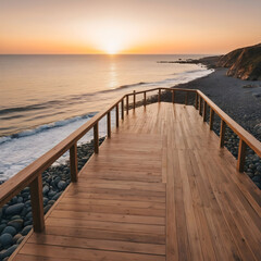 wooden deck on the shore leading to the sea at sunset