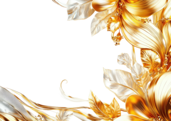 Golden floral flourish corner frame, shining leaves against black